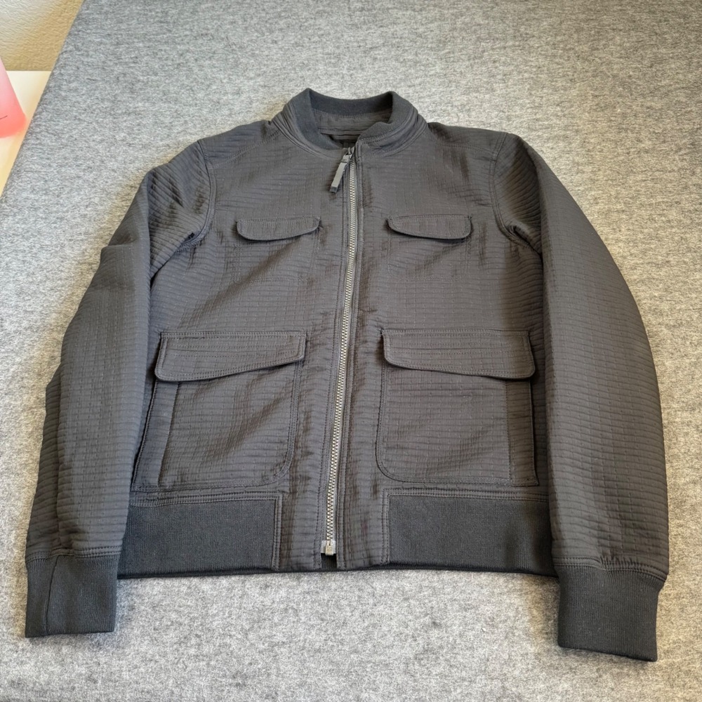 Prana Womens Gray Quilted Grid Full Zip Bomber Jacket Utility Pockets SML